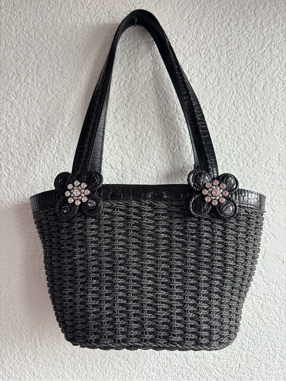 Brighton Black Woven Flower Accent Tote Bag Y2K McBling